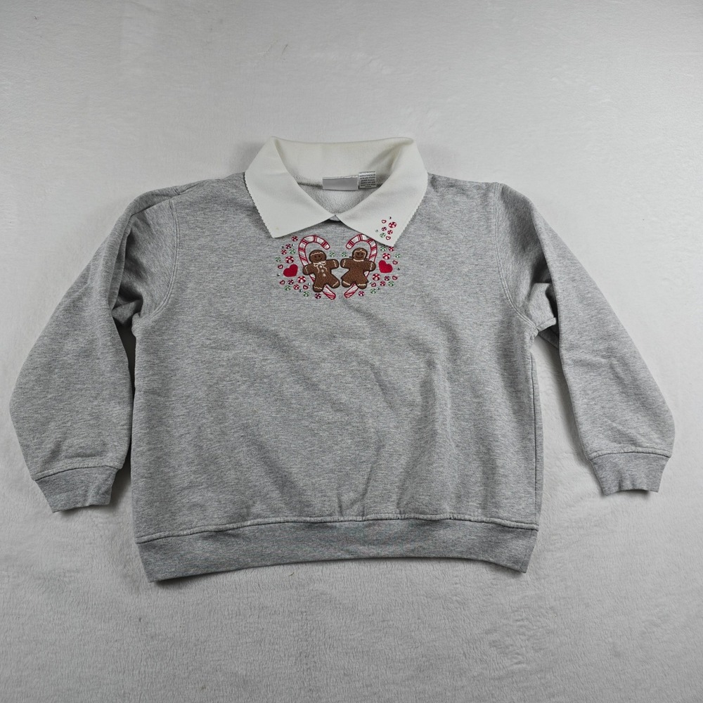 Hasting & Smith Gray Christmas Gingerbread Collared Sweatshirt Womens PL Petite‎